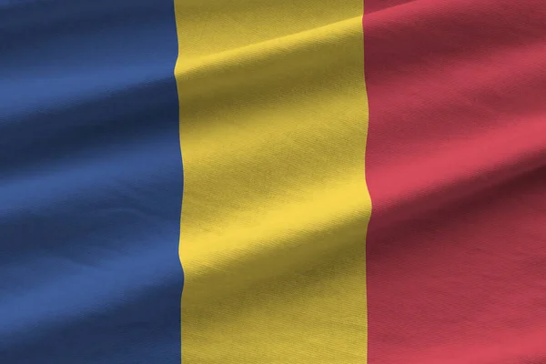 Rumänien Flagge Mit Großen Falten Die Aus Nächster Nähe Unter — Stockfoto
