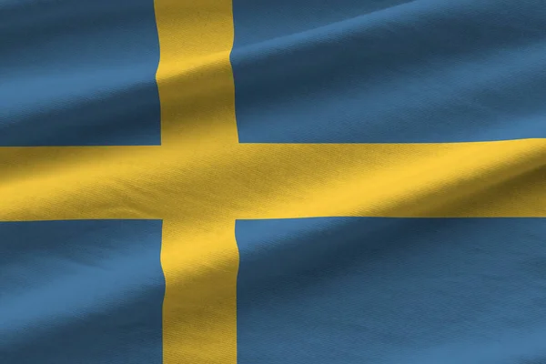 Sverige Flagga Med Stora Veck Viftar Tätt Studioljuset Inomhus Officiella — Stockfoto