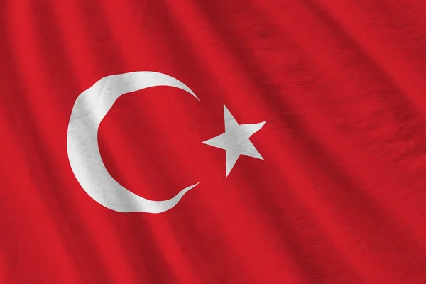 Σημαία Τουρκίας Μεγάλες Πτυχές Κυματίζουν Κοντά Κάτω Από Φως Του — Φωτογραφία Αρχείου