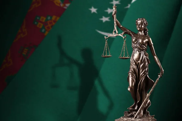 Turkmenistan Flag Statue Lady Justice Judicial Scales Dark Room Concept — Stock Photo, Image