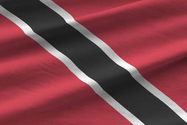 Trinidad Tobago Vlag Met Grote Plooien Zwaaien Close Onder Studio — Stockfoto