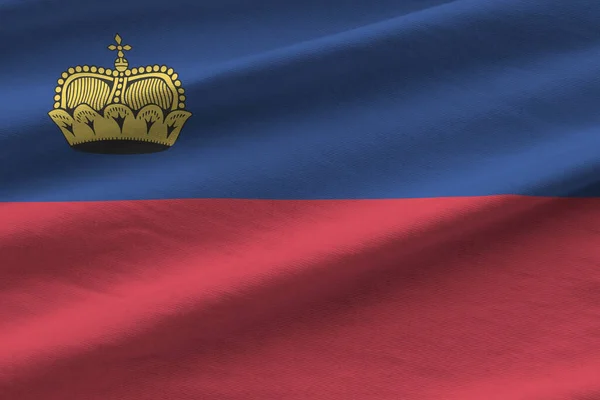 Liechtensteins Flagga Med Stora Veck Viftar Nära Håll Studioljuset Inomhus — Stockfoto