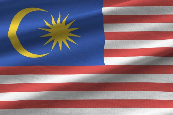 Bandeira Malásia Com Grandes Dobras Acenando Perto Sob Luz Estúdio — Fotografia de Stock