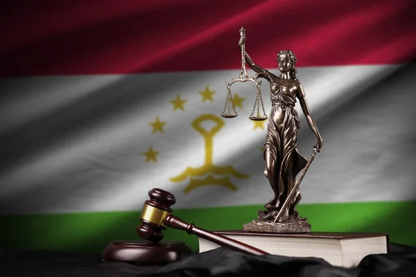 Tajikistan Flag Statue Lady Justice Constitution Judge Hammer Black Drapery — Stock Photo, Image