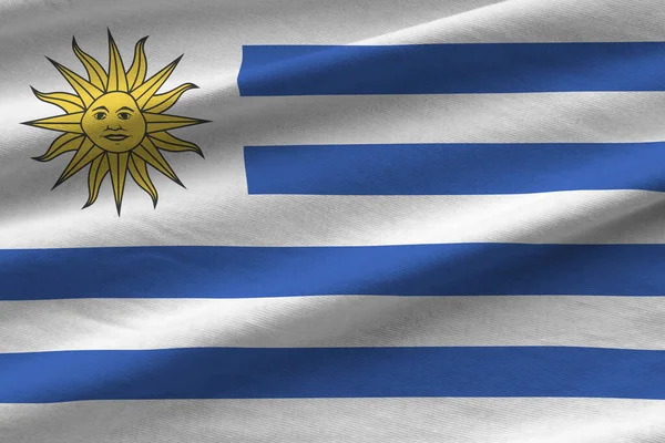 Bandera Uruguay Con Grandes Pliegues Ondeando Cerca Bajo Luz Del — Foto de Stock