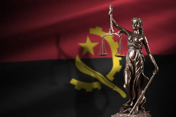 Angola Flag Statue Lady Justice Judicial Scales Dark Room Concept — Stock Photo, Image
