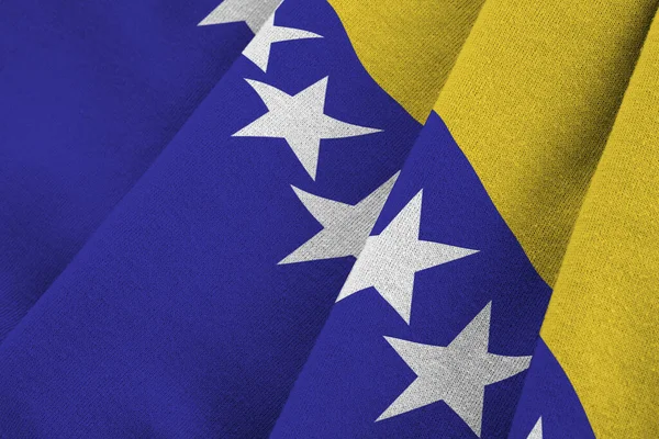 Bandera Bosnia Herzegovina Con Grandes Pliegues Ondeando Cerca Bajo Luz —  Fotos de Stock