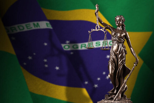 Brazil flag with statue of lady justice and judicial scales in dark room. Concept of judgement and punishment, background for jury topics
