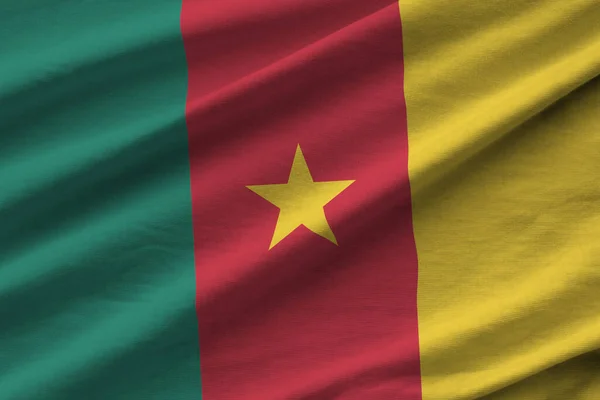 Kamerunská Vlajka Velkými Záhyby Mávající Zblízka Pod Studiovým Světlem Uvnitř — Stock fotografie