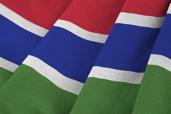 Gambia Vlag Met Grote Plooien Zwaaien Close Onder Studio Licht — Stockfoto