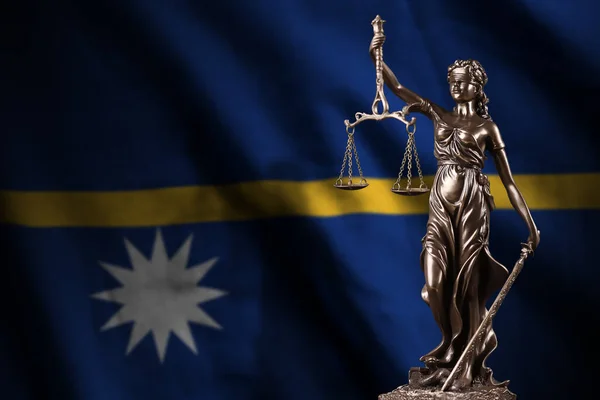 Nauru Flag Statue Lady Justice Judicial Scales Dark Room Concept — Stock Photo, Image