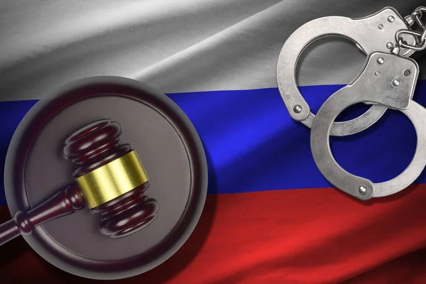 Oroszország Zászlója Kalapáccsal Bilincsekkel Sötét Szobában Bűnügyi Koncepció Büntetés Bűnös — Stock Fotó