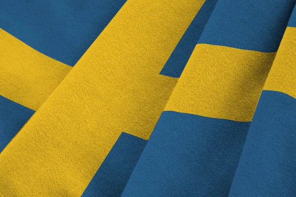 Zweden Vlag Met Grote Plooien Zwaaien Close Onder Studio Licht — Stockfoto