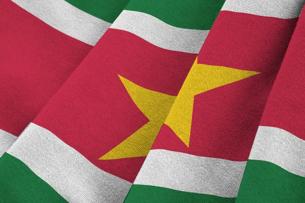 Прапор Суринаму Великими Складками Махають Під Освітленням Студії Офіційні Символи — стокове фото