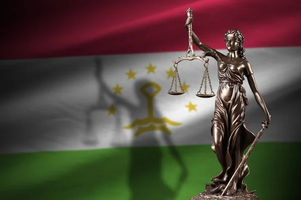 Tajikistan Flag Statue Lady Justice Judicial Scales Dark Room Concept — Stock Photo, Image