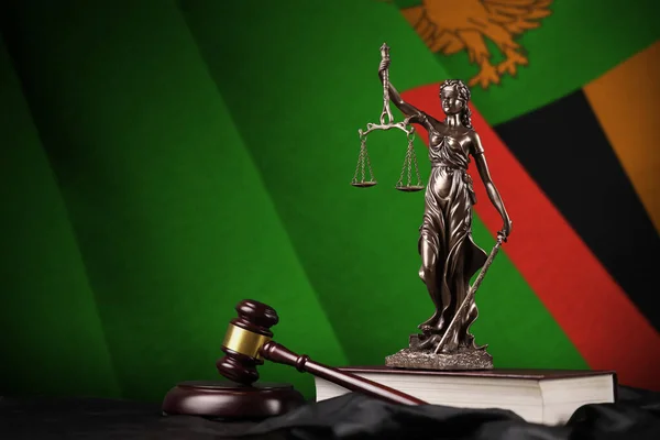Zambia Flag Statue Lady Justice Constitution Judge Hammer Black Drapery — Stock Photo, Image