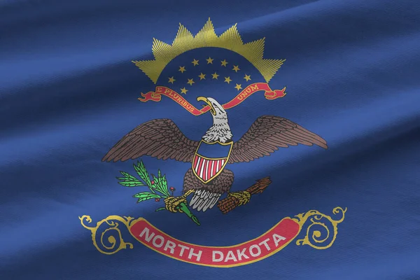 North Dakota State Flag Big Folds Waving Close Studio Light — Stock Photo, Image