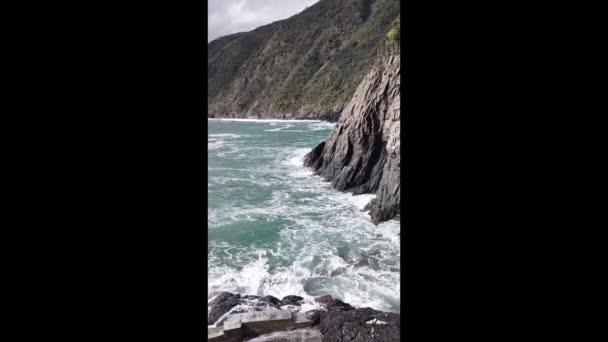 Zeekust Van Cinque Terre Met Zijn Dorpen Natuur Italië Tijdens — Stockvideo