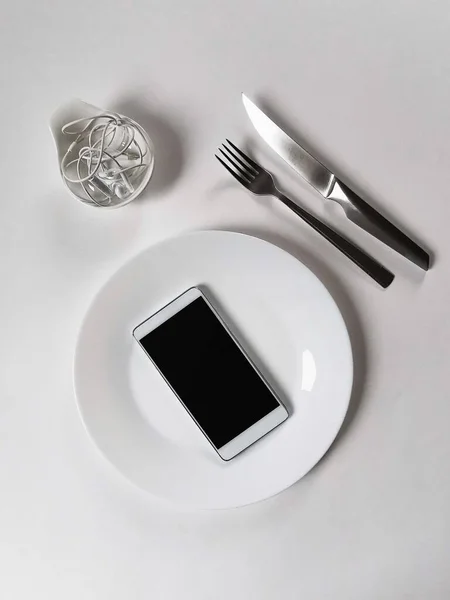 Top View Smartphone Screen Which Lies Plate Next Leg Fork — Stock Photo, Image