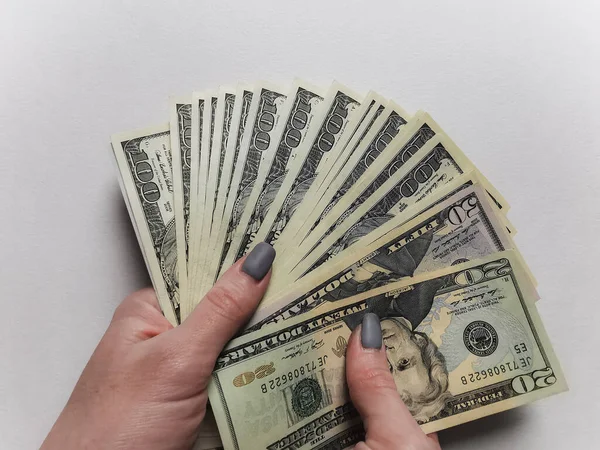 American Dollars Hands Girl White Background — Fotografia de Stock