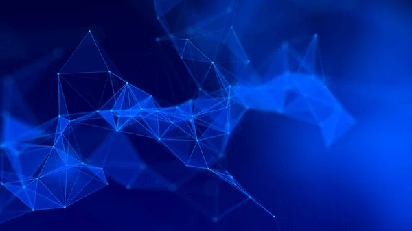 Çizgiler ve noktalar ile ağ konsepti. Soyut dijital mavi arkaplan. Uzayda üçgen şekillerin dağılımı. 3B görüntüleme.