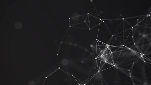 Uzayda üçgen şekillerin dağılımı. Ağ bağlantılarının yapısı, noktaların ve çizgilerin bağlantısı. Soyut bilim siyah arkaplan. 3B görüntüleme.