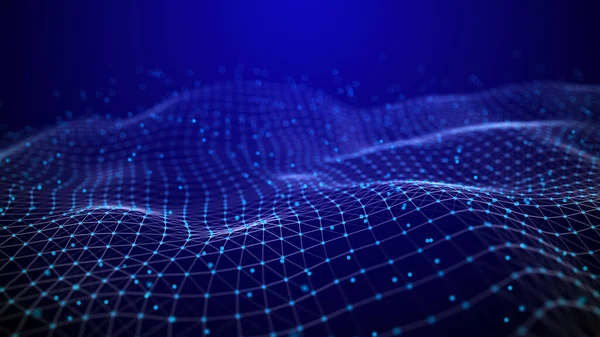 Hareketli noktalı soyut mavi dalga. Ağ bağlantısı yapısı. Karanlık bir arka planda noktaları ve çizgileri birleştiren bir arka plan. 3B görüntüleme.