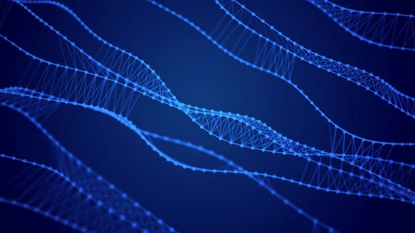 DNA 'nın moleküler yapısı üzerine bilimsel çalışma. Noktalı mavi çizgilerin kimyasal bağları. Tıp bilimi ve biyoteknoloji. Uzayda hareket eden parçacık dalgası. 3B görüntüleme.