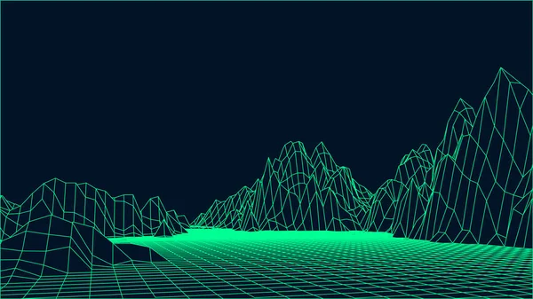 Soyut 3D yeşil kablo manzarası. Manzaranın teknolojik şebekesi. Dijital illüstrasyon.