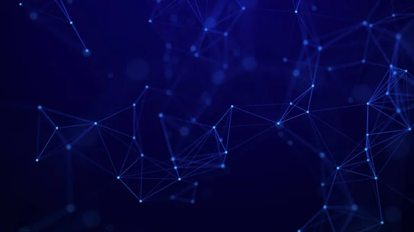 Uzayda üçgen şekillerin dağılımı. Ağ bağlantılarının yapısı, noktaların ve çizgilerin bağlantısı. Soyut mavi arkaplan. 3B görüntüleme.