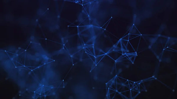 Uzayda üçgen şekillerin dağılımı. Ağ bağlantılarının yapısı, noktaların ve çizgilerin bağlantısı. Soyut bilim karanlık arka plan. 3B görüntüleme.