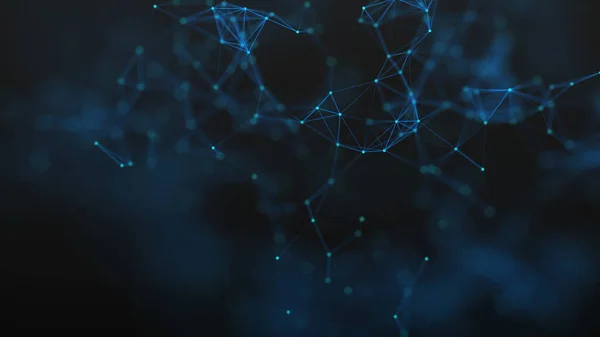 Hareketli nokta ve çizgilerle soyut açık mavi arkaplan. Ağ bağlantılarının yapısı. 3B görüntüleme.