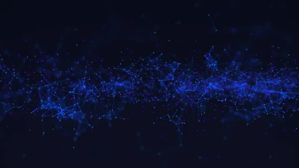 Uzayda üçgen şekillerin dağılımı. Ağ bağlantılarının yapısı, noktaların ve çizgilerin bağlantısı. Soyut mavi arkaplan. 3B görüntüleme.