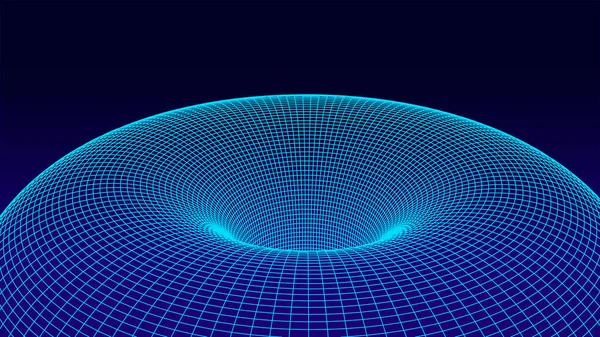 Tel çerçeve tüneli 3 boyutlu çizim. Kara delik. Tünel ya da solucan deliği. Vektör çizimi. Soyut 3D yeşil kablo manzarası.