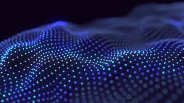 Hareketli noktalı soyut renkli dalga. Ağ bağlantısı yapısı. Karanlık bir arka planda noktaları ve çizgileri birleştiren bir arka plan. 3B görüntüleme.