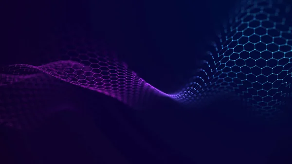 Soyut altıgen dalga. Büyük veri görselleştirmesi. Dinamik dalgalı noktaların gelecekteki karanlık arkaplanı. Hareketli noktalar ve çizgilerle el salla. Altıgen perspektif arkaplanı.