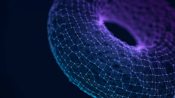 Arkaplanda hareket eden parlak parçacıklar var. Soyut arkaplan. Büyük veri. Karanlık bir arka planda noktaları ve çizgileri birleştiriyor. 3d oluşturma.