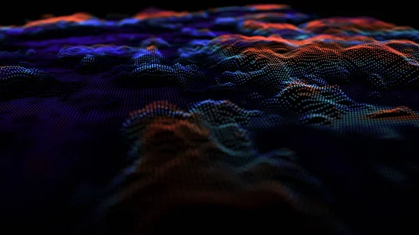 Soyut fütüristik geçmiş. Dijital dinamik parçacık dalgası. Büyük veri görselleştirmesi. Siber ya da teknoloji. Peyzaj teknolojisi. Koyu arkaplanda renkli noktalar olan dalgalar. 3B görüntüleme.