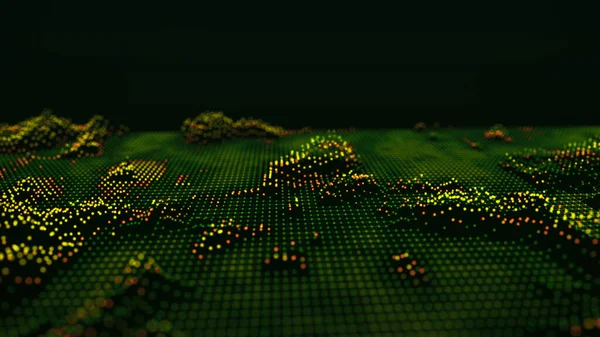 Soyut fütüristik geçmiş. Dijital dinamik parçacık dalgası. Büyük veri görselleştirmesi. Siber ya da teknoloji. Peyzaj teknolojisi. Koyu arkaplanda renkli noktalar olan dalgalar. 3B görüntüleme.