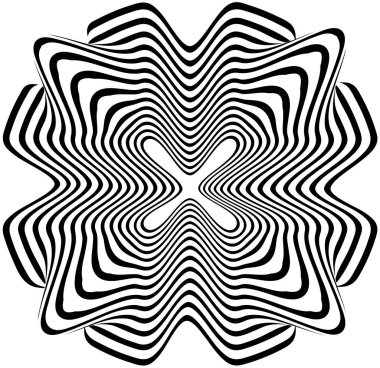 Optik yanılsama. Çarpıtma etkisi olan siyah beyaz çizgiler. Vektör geometrik çizgiler deseni. Optik sanat sonsuzluk tüneli