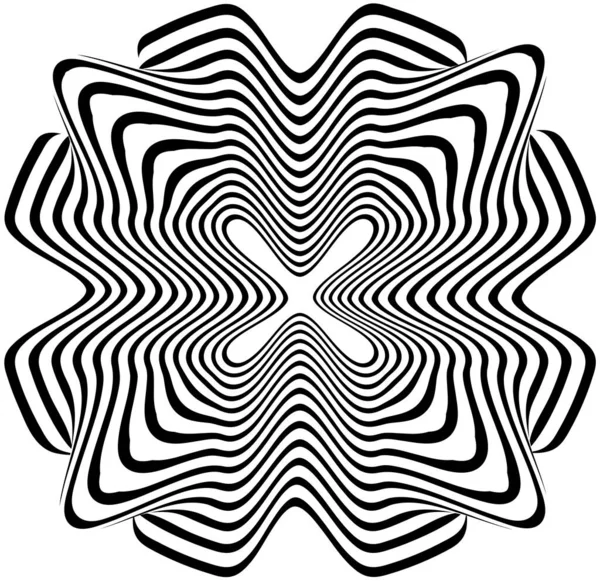 Optik yanılsama. Çarpıtma etkisi olan siyah beyaz çizgiler. Vektör geometrik çizgiler deseni. Optik sanat sonsuzluk tüneli