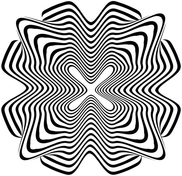 Optical illusion. Black and white lines with distortion effect. Vector geometric stripes pattern. Optical art infinity tunnel
