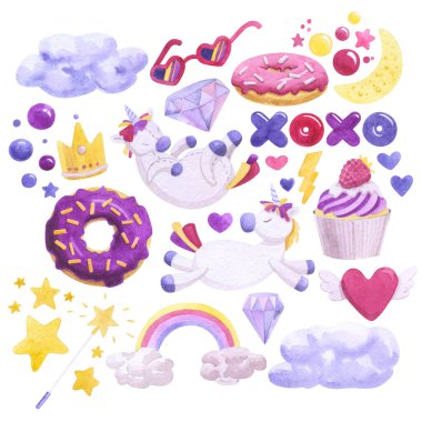 Tek boynuzlu atlar, gökkuşağı ve tatlılarla suluboya şirin set.