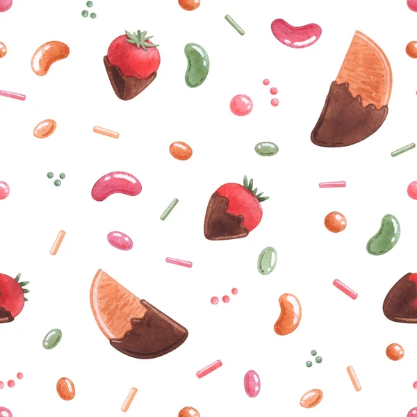 Aquarelpatroon van aardbeien en sinaasappels in chocolade. — Stockfoto