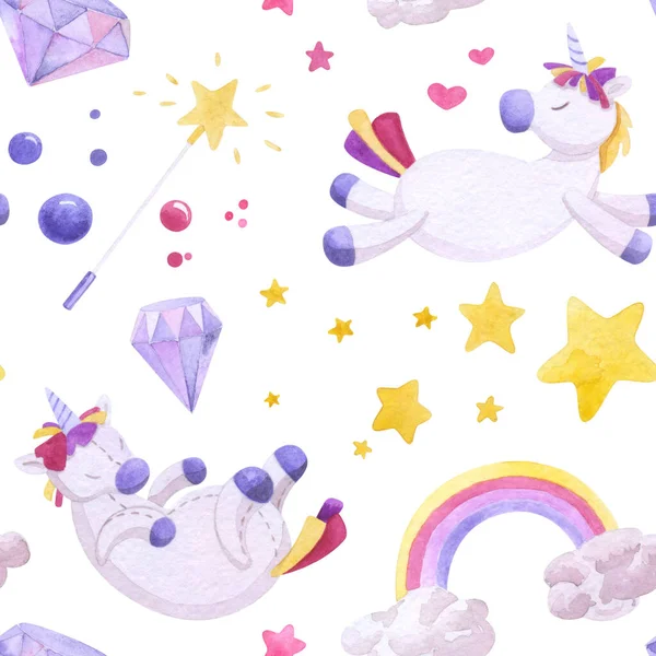 Watercolor pattern of unicorns and rainbow. — Stock Photo, Image