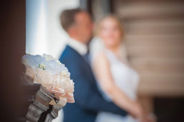Buquê Noiva Casamento Com Anéis Casamento Close Imagem Fundo — Fotografia de Stock