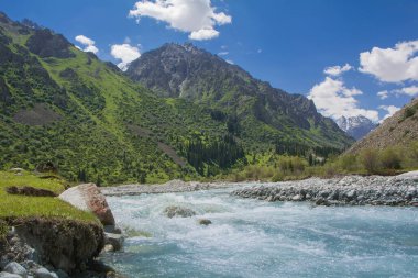Kırgızistan 'daki Ala-Archa Ulusal Parkı' ndaki dağ nehri.