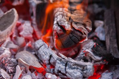 Yanan kömür, ateş, kıvılcımlar ve şenlik ateşinde salon