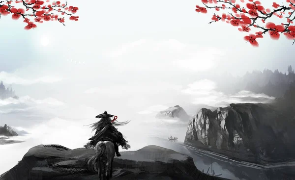 中国のスタイルの新しい中国のインクの風景画の風景画の背景イラスト武術Jianghuインクの風景中国のスタイルの背景 Winterantiqueインクの風景画 — ストック写真