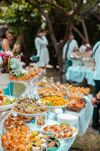 Festive Table Buffet Appetizers Decorated Flowers — Stock Photo, Image